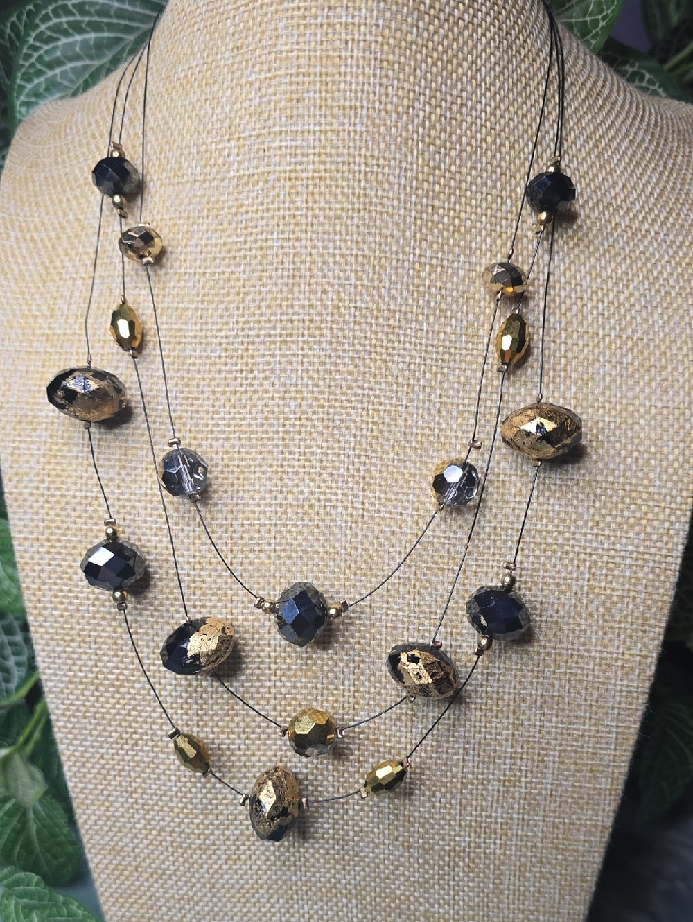 Chico's Layered Black and Gold Faceted Bead Necklace - Women Jewelry
